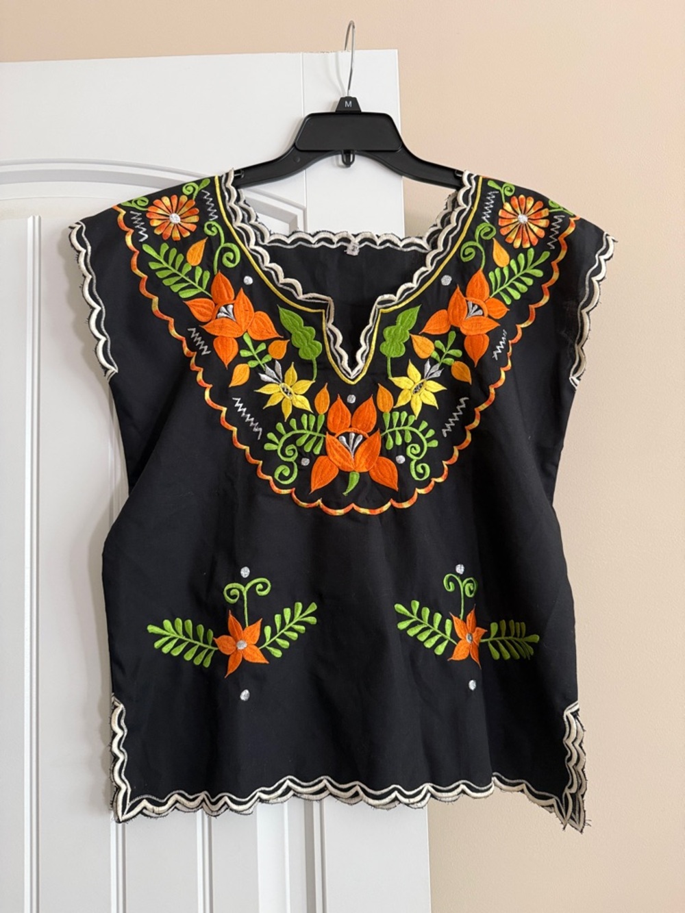Anthropologie Black Embroidered Floral V-Neck Tunic